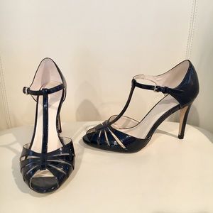 ZARA Black Patent Ankle Strap 4” Heels; sz 37 (7)